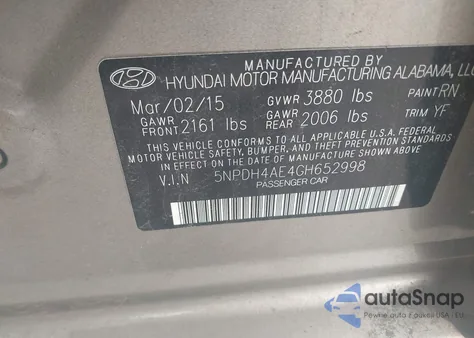 2016 Hyundai Elantra Se from USA, damaged, VIN 5NPDH4AE4GH652998
